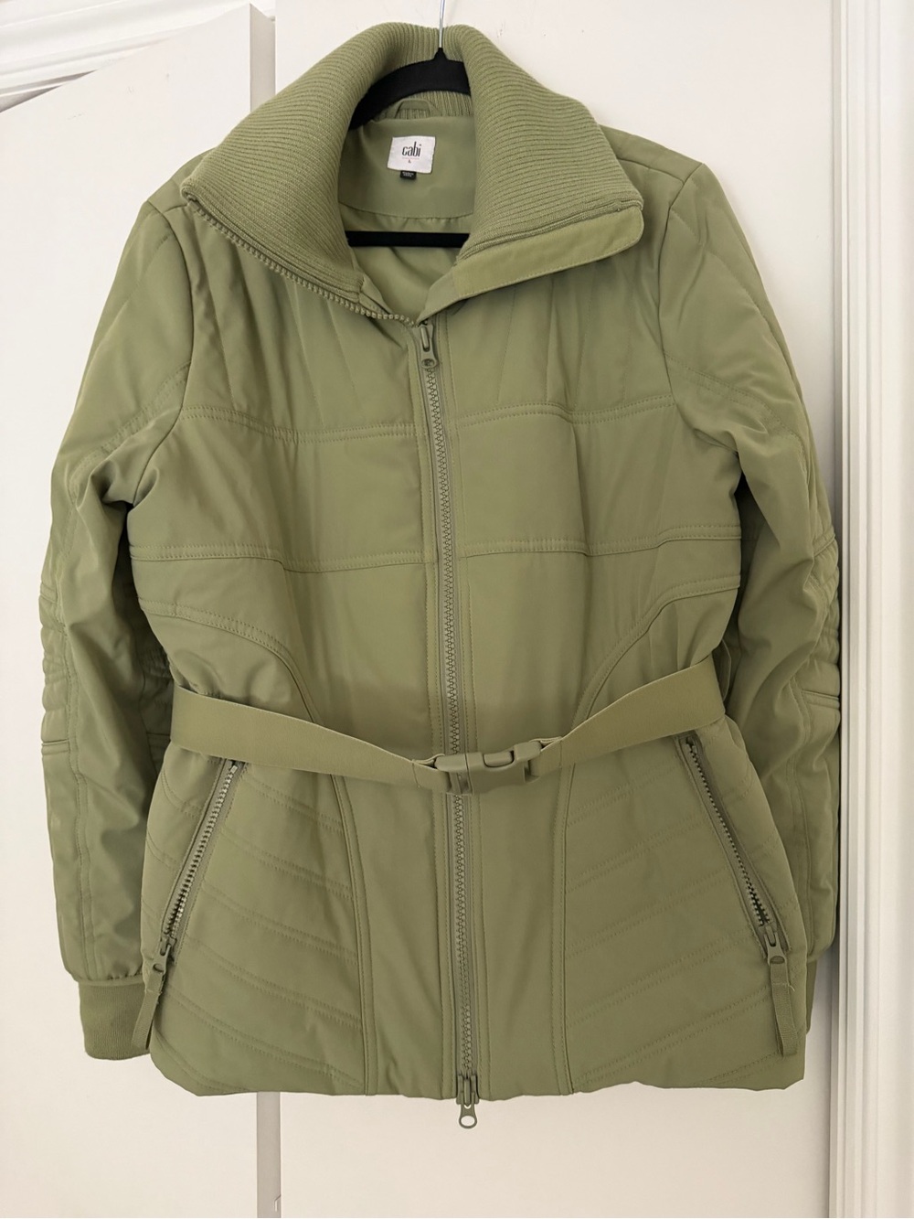 CAbi Light Olive Quilted Belted Puffer Jacket